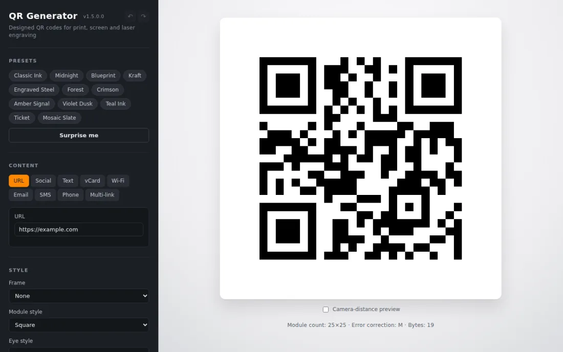 The QR Generator interface, showing style presets and a generated code